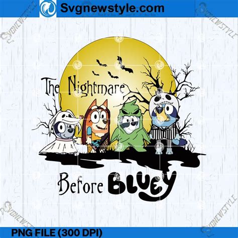 the nightmare before bluy logo with three cartoon characters in front of a full moon