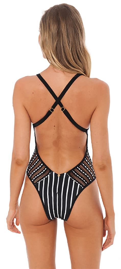 Schwarz Weiss Gestreifter Badeanzug Mit Lochmuster Alambrado Op Black Geometric Bikini