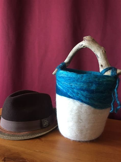 Wool Felted Beach Bucket Basket Felted Vessel With Driftwood Handle