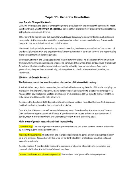 Topic Scientific Topic Genetics Revolution How Darwin Changed