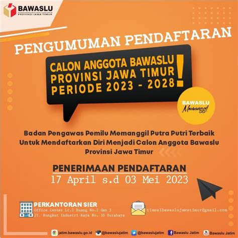 Pendaftaran Calon Anggota Bawaslu Jatim Periode 2023 2028 Resmi Dibuka