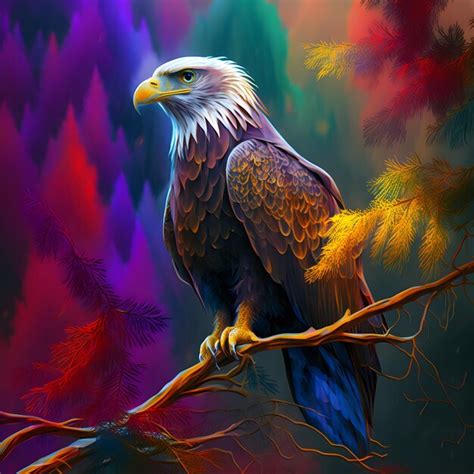 Una pintura de un águila calva posada en una rama con hojas de colores