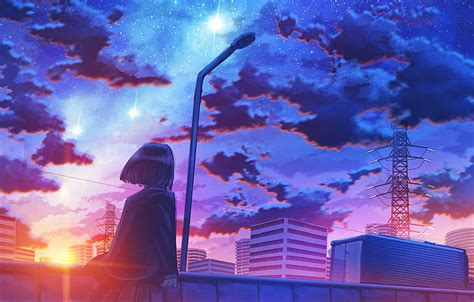 Anime Original City Girl Starry Sky Sunset Hd Wallpaper Peakpx