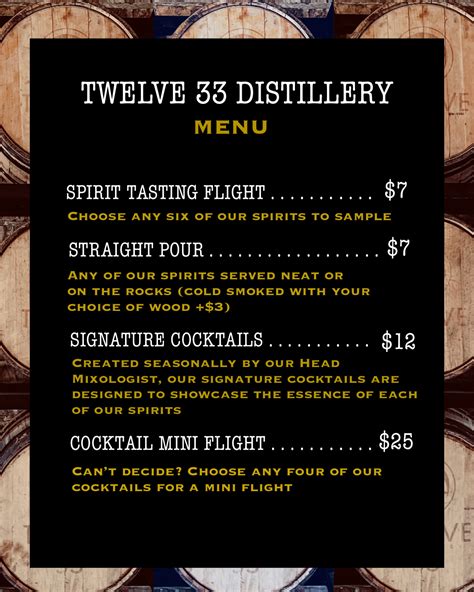 Menu Twelve 33 Distillery