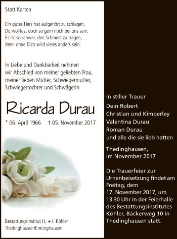 Traueranzeigen Von Ricarda Durau Trauer Kreiszeitung De