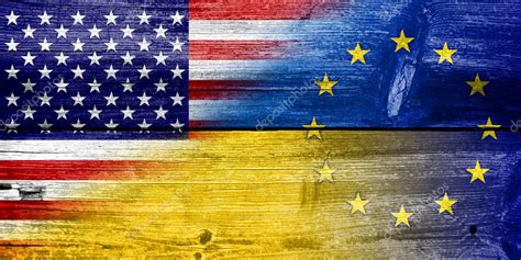 Ukraine Eu And Usa Flag Painted On Old Wood Plank Texture Stock