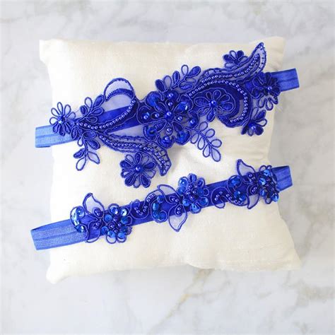 Royal Blue Beaded Lace Garter Set Bridal Blue Garter Wedding Blue