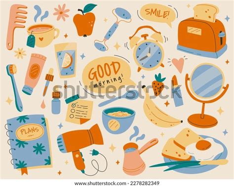 Morning Routine Elements Flat Icons Set Stock Vector (Royalty Free ...