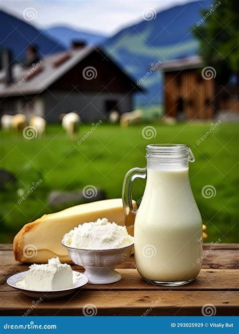 Table with Board of Different Types of Cheeses and Milk on Farmhouse ...