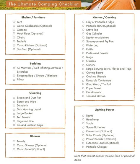 Example of Printable Camping Checklist Template | Templateral