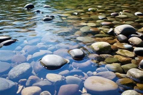 Río poco profundo con piedras redondas y lisas Foto Premium