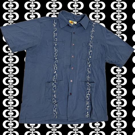 70s Haband Guayabera Shirt Mens Large Blue Short Depop