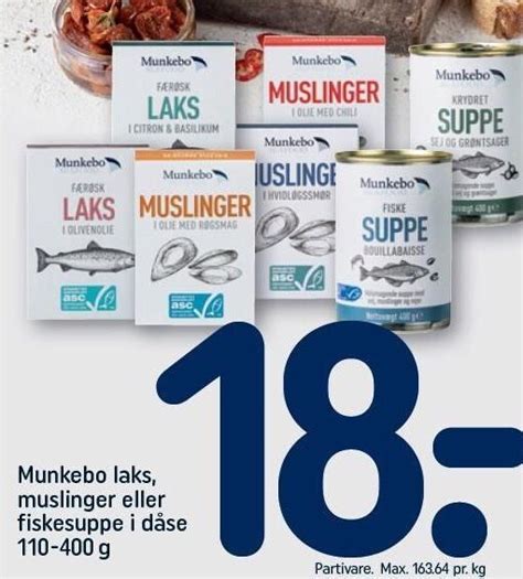 Munkebo laks muslinger eller fiskesuppe i dåse tilbud hos REMA 1000