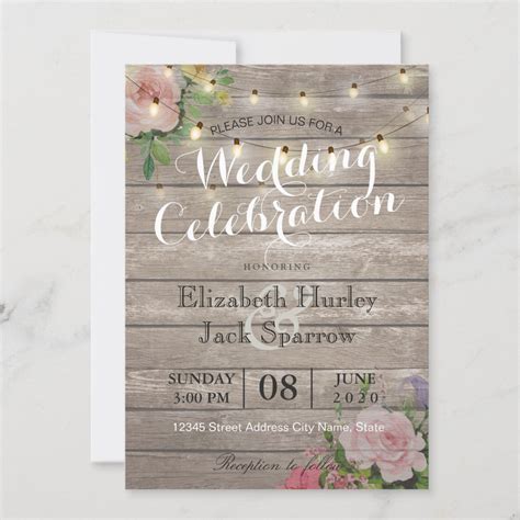 Rustic Wedding Invitation Floral Wood String Light Zazzle