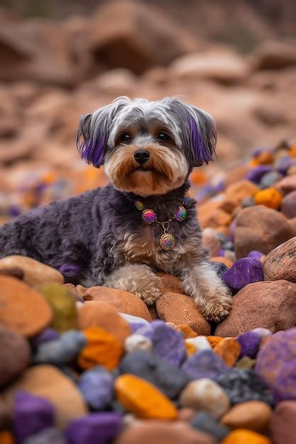 Un pequeño perro se sienta sobre un montón de rocas Foto Premium