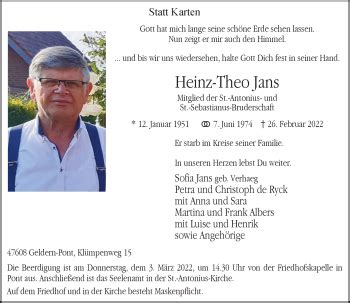 Alle Traueranzeigen für Heinz Theo Jans trauer rp online de