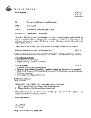 Fillable Online Ci Westminster Co Post Meeting Agenda April 20 2009