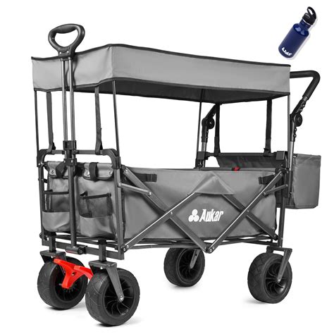 AUKAR Collapsible Beach Wagon with Canopy, Gray - Big Wheels, Push and