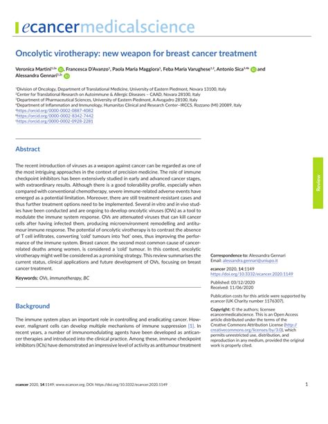 Pdf Oncolytic Virotherapy New Weapon For Breast Cancer Treatment