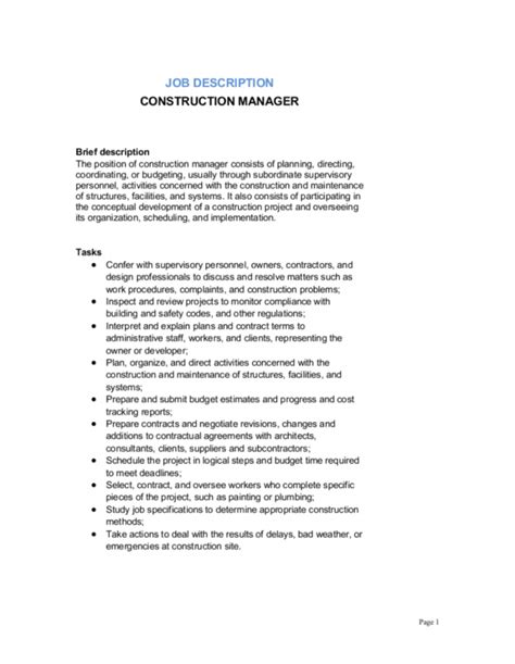 Construction Manager Job Description Template By Business Construction