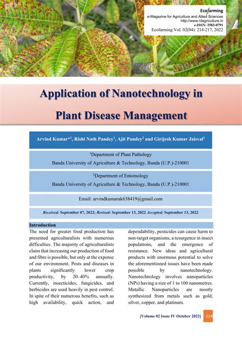 Pdf Application Of Nanotechnology In Plant Disease Management