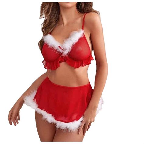 XMMSWDLA Women Christmas Lingerie Set With Garter Belt Santa Red Lace