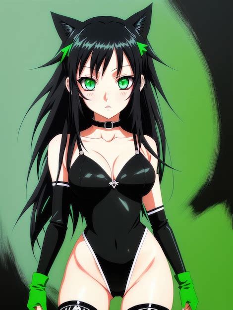 Premium AI Image A Girl With Long Black Hair And Green Eyes Stands In