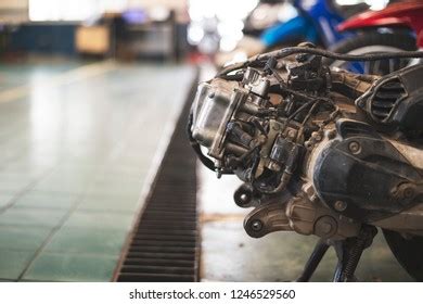 Closeup Motorcycle Engine Repair Station Softfocus Stock Photo ...