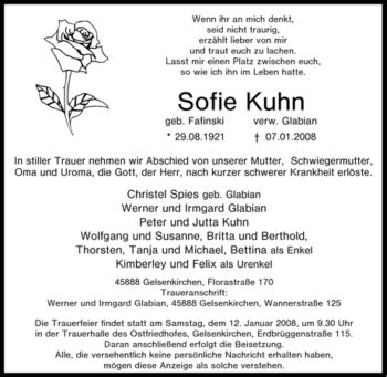 Traueranzeigen Von Sofie Kuhn Trauer In NRW De