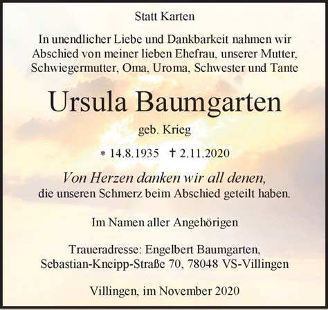 Traueranzeigen Von Ursula Baumgarten Schwarzw Lder Bote Trauer