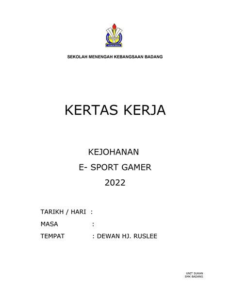 Contoh Kertas Kerja Kejohanan E Sports Sekolah Menengah