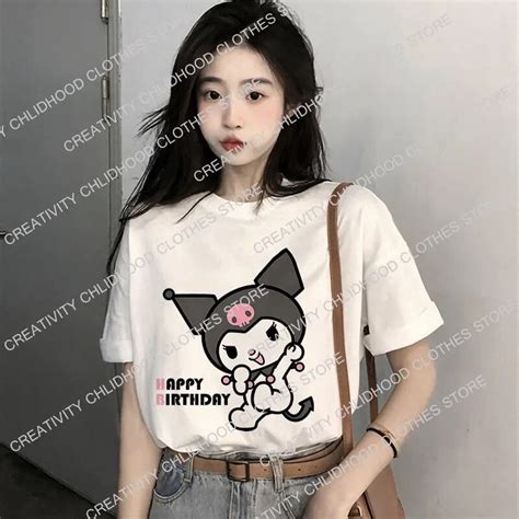 Hello Kitty Ice Cream Kuromi T Shirt Women Cotton Sanrio Melody Y2k Fashion Tee Shirts Kawaii