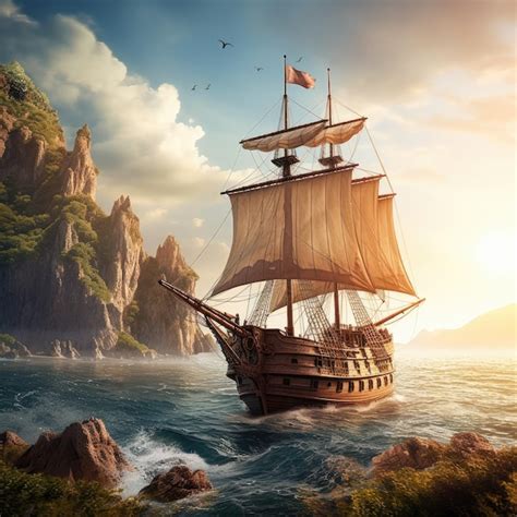 Premium Photo Medieval Ship Sailing Toward An Exotic Distant Land