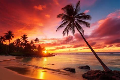 Coconut Palm Trees On Tropical Island Beach At Vivid Colorful Sunset