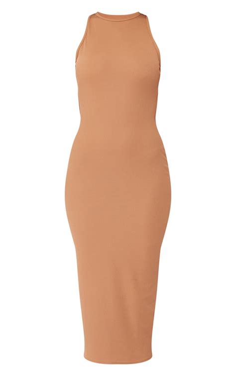 Tall Camel Midi Rib Open Back Bodycon Dress Prettylittlething Aus