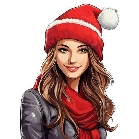 Beautiful Girl In Christmas Cap Vector Illustration In The Style Of A