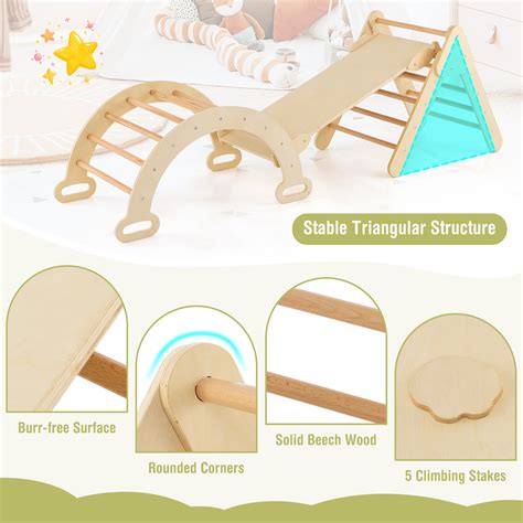 Costway 3 In 1 Kids Wood Climber Set For Toddler Play Arch With Sliding