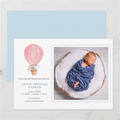 Bunny In Hot Air Balloon Baby Photo Birth Announcement Zazzle