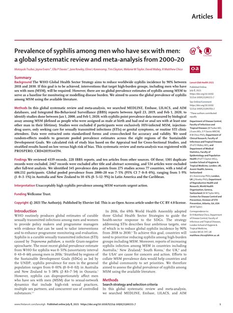 Pdf Prevalence Of Syphilis Among Men Who Have Sex With Men A Global Systematic Review And