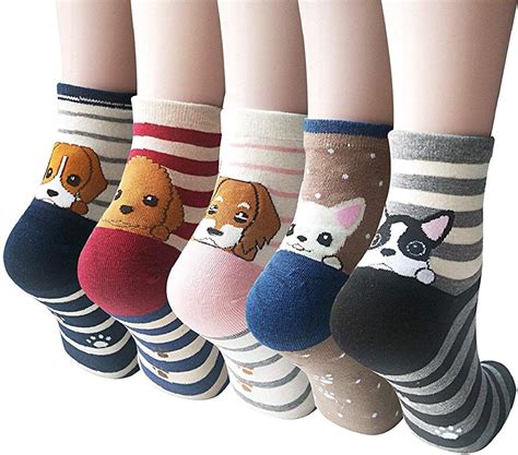 4 5 Pairs Womens Cute Dog Cat Fun Cartoon Cotton Casual Crew Funny