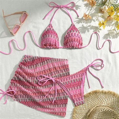 Pink Crochet Bikini With Wrap Skirt Beachwear On Luulla