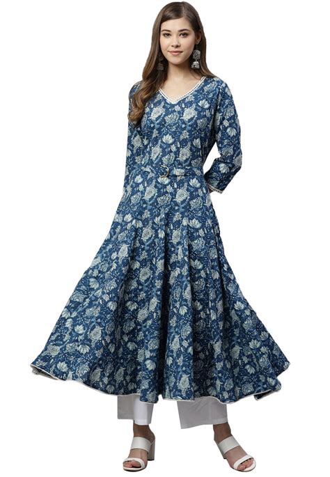 Dabu Printed Cotton Anarkali Kurta In Blue Tkv91