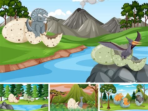 Premium Vector Scenes With Dinosaurs In Forest