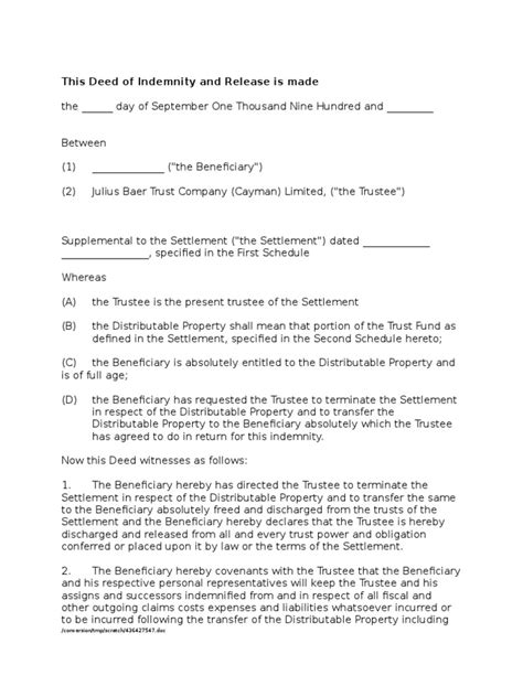 Deed Of Indemnity And Releasedoc Beneficiary Trust Trustee