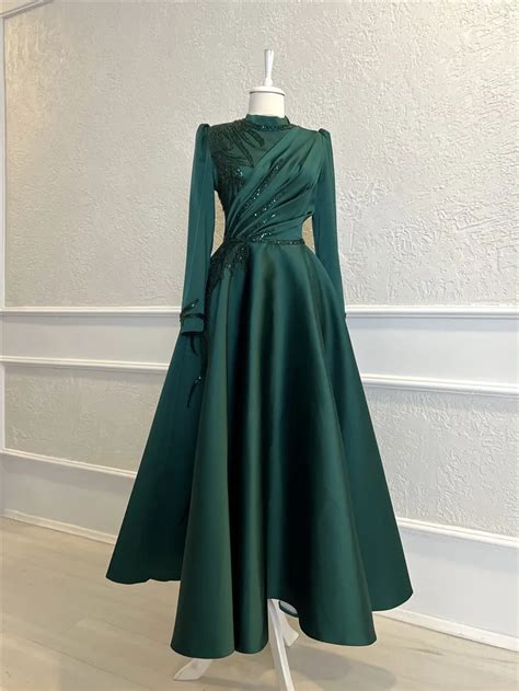 Beaded Satin High Neckline Emerald Party Dress With Long Sleeves