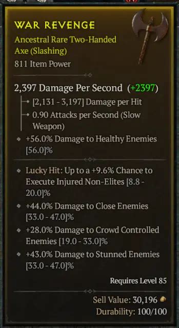 Diablo 4 Ancestral Two Handed Axe For Barbarian And Druid Item Power