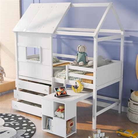 Churanty Twin Size House Loft Bed With Rolling Portable Desk And