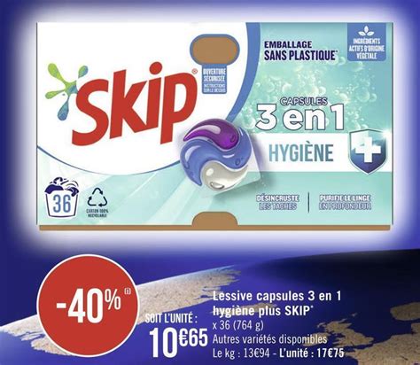 Promo Skip lessive capsules 3 en 1 hygiène plus chez Géant