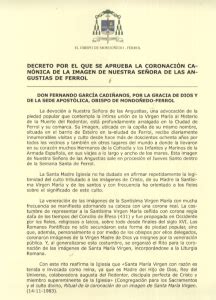 Decreto de aprobación de la Coronación Canónica de la Virgen de las