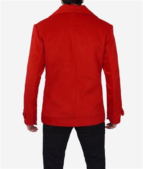 Red Pea Coat Men Double Breasted Wool Coat